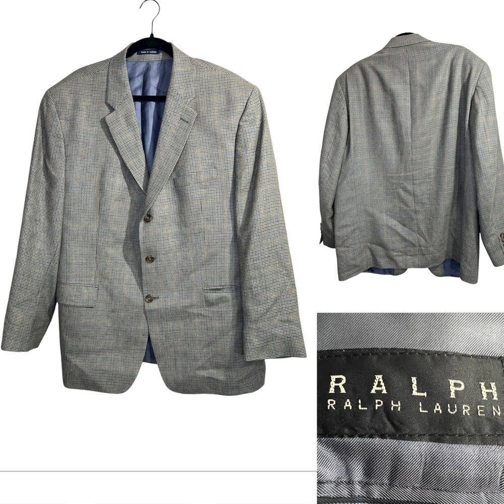 RALPH Ralph Lauren blazer suit jacket sport coat 48R tan houndstooth‎ silk blend